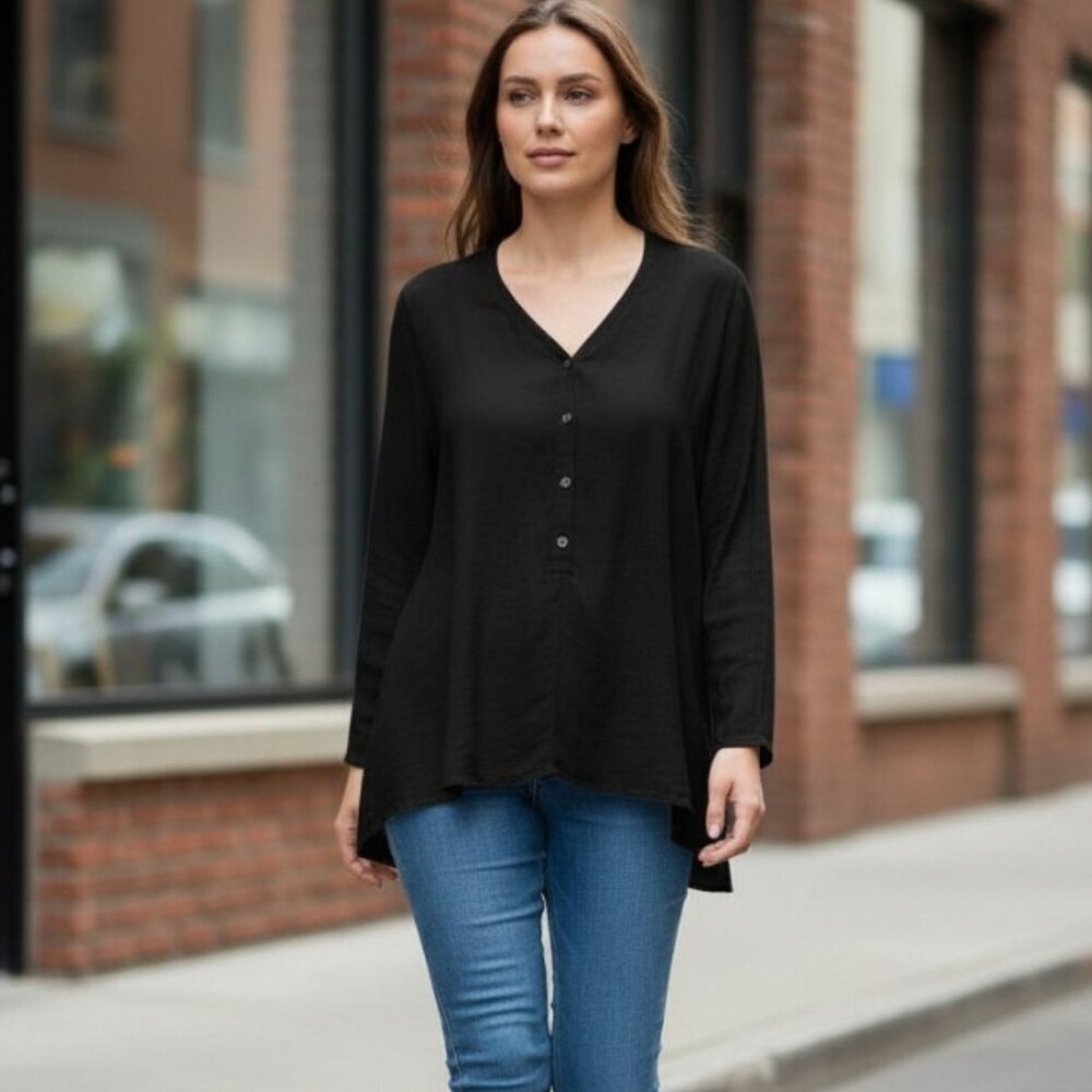 FLAX Black Long Sleeve, Lagenlook Styling Linen Full Cut Top, Size Medium